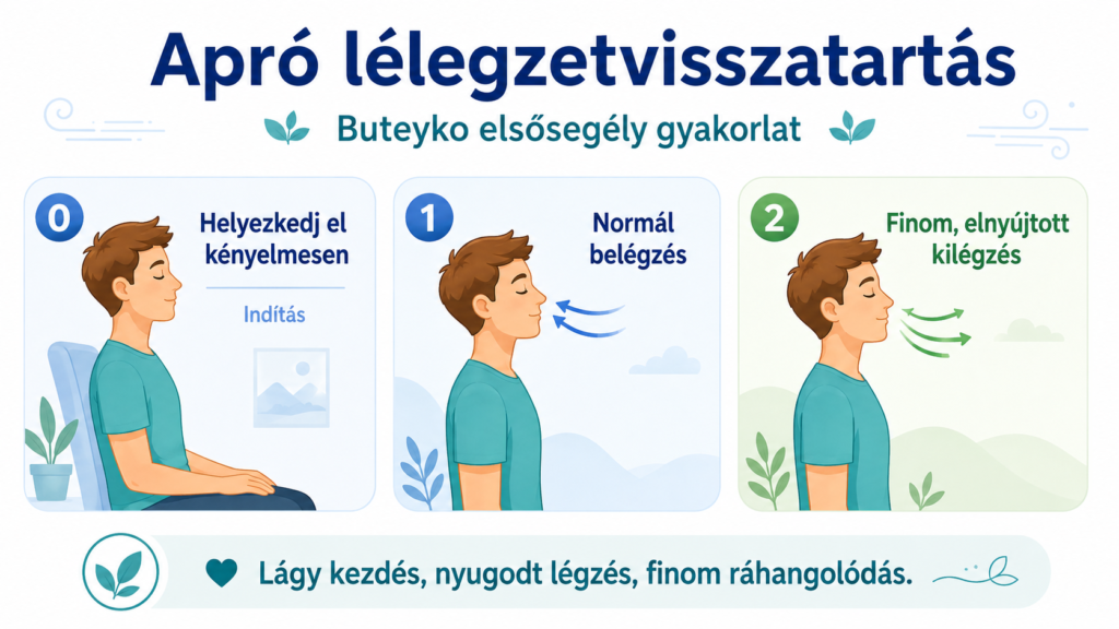 Apró lélegzetvisszatartás Buteyko-gyakorlat infografika: 0. helyezkedj el kényelmesen, 1. normál belégzés, 2. finom, elnyújtott kilégzés.