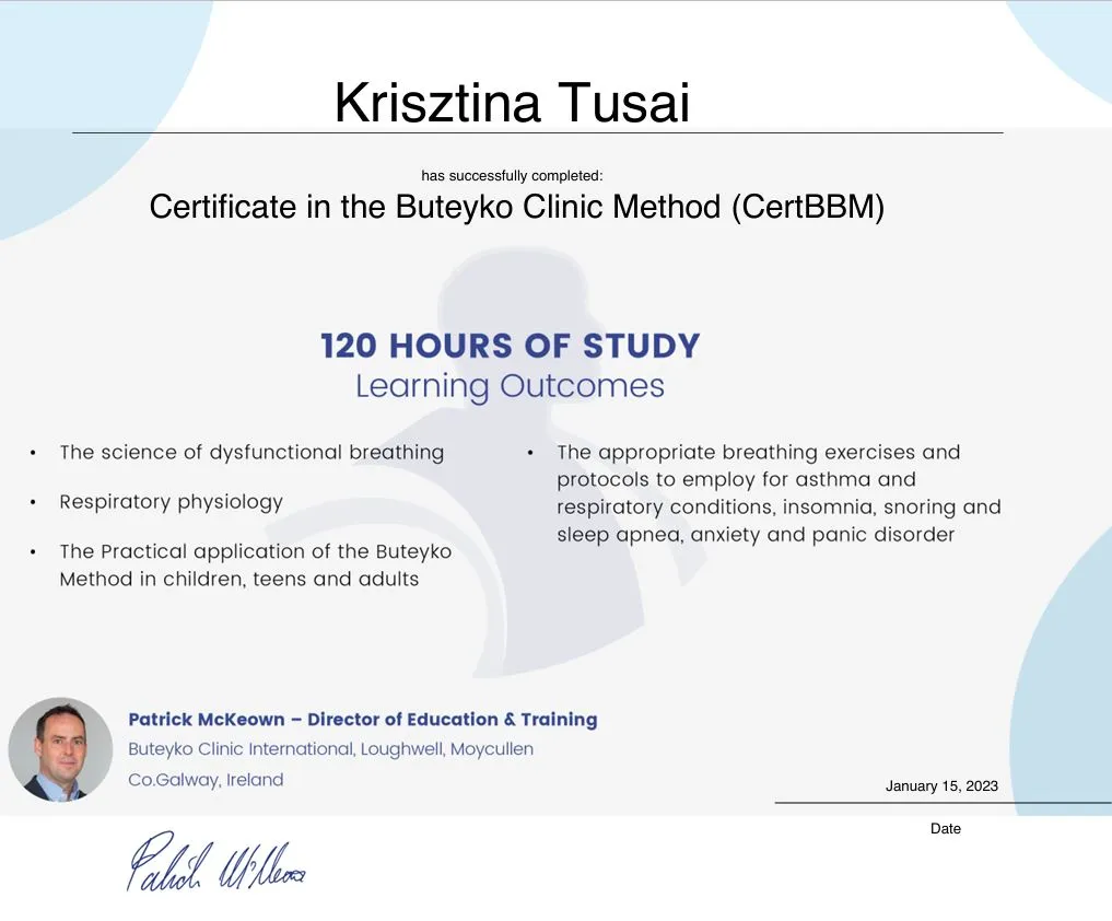 Tusai Krisztina Buteyko Clinic oktatói minősítés